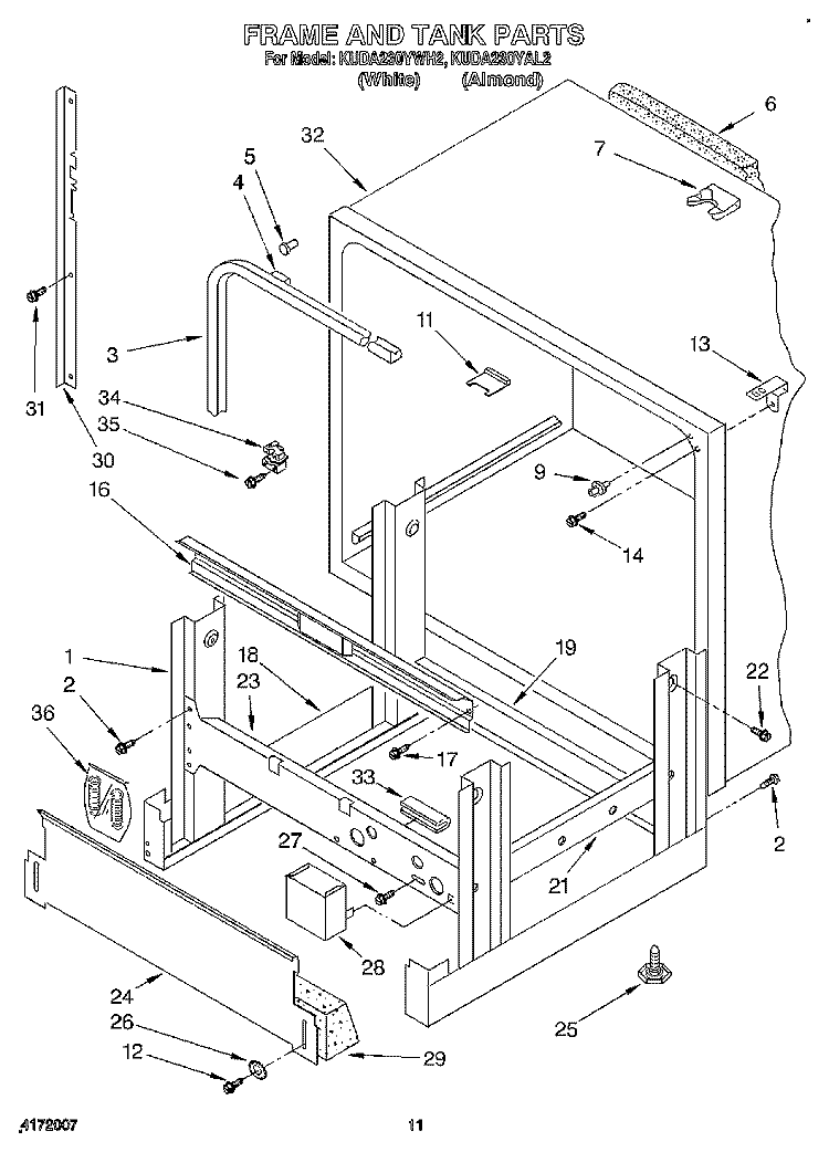 FRAME AND TANK Diagram and Parts List for KUDA230YAL2  KitchenAid Dishwasher