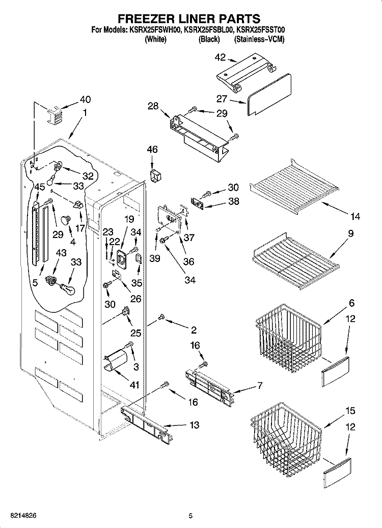 FREEZER LINER PARTS Diagram and Parts List for KSRX25FSST00  KitchenAid Refrigerator