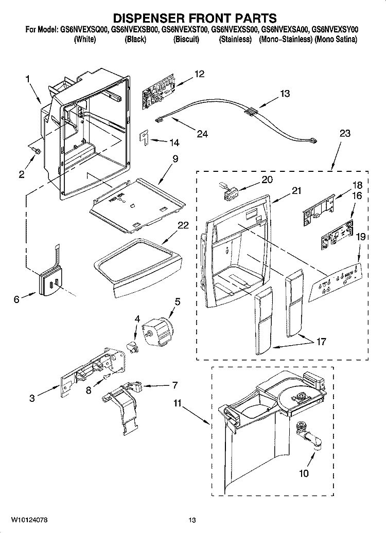 DISPENSER FRONT PARTS Diagram and Parts List for GS6NVEXSY00  Whirlpool Refrigerator