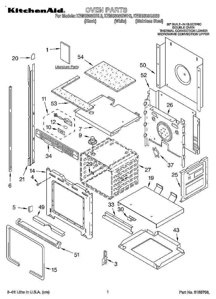 OVEN, LITERATURE Diagram and Parts List for KEMS308GSS3  KitchenAid Microwave Oven Combo