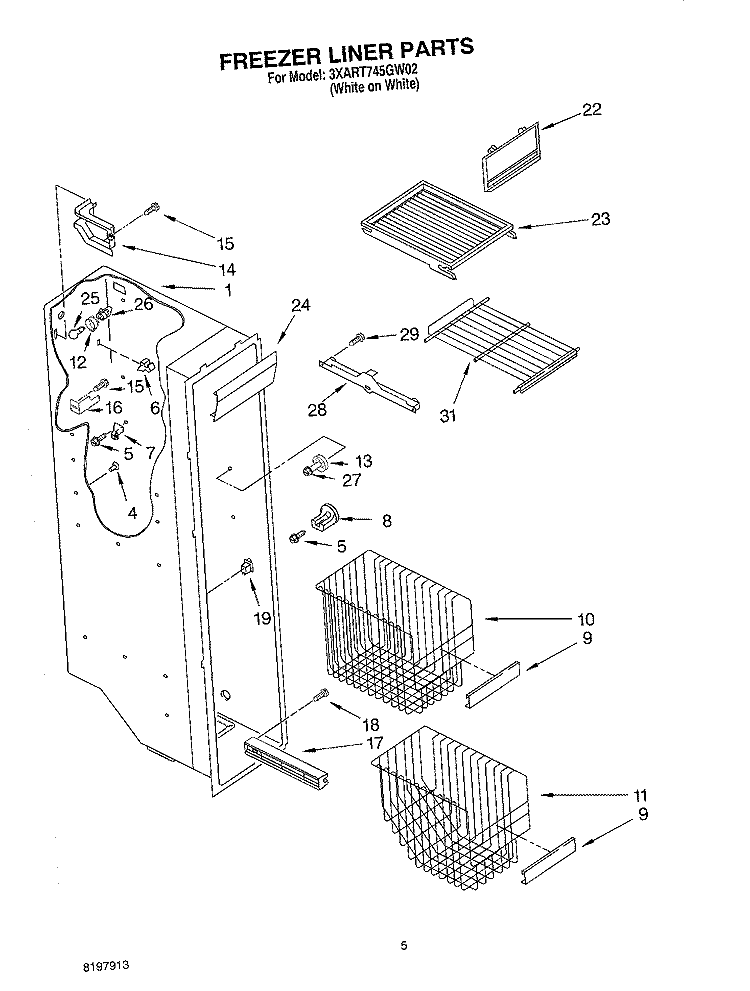 FREEZER LINER Diagram and Parts List for 3XART745GW02  Whirlpool Refrigerator