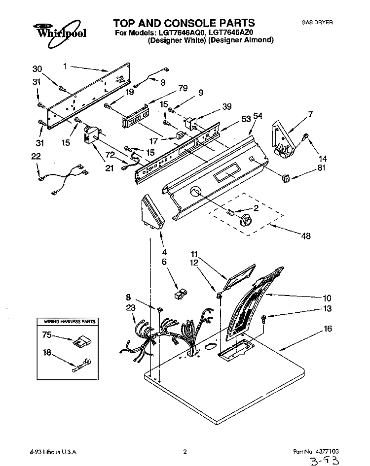 TOP AND CONSOLE, LIT/OPTIONAL Diagram and Parts List for LGT7646AZ0  Whirlpool Dryer