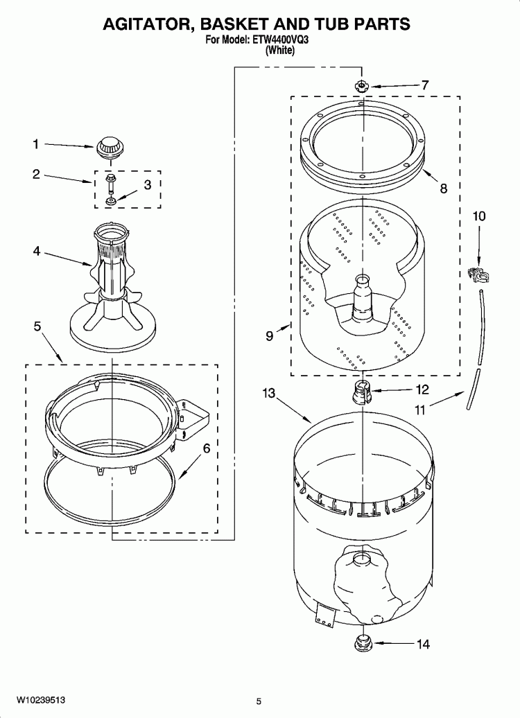 AGITATOR, BASKET AND TUB PARTS Diagram and Parts List for ETW4400VQ3  Estate Washer
