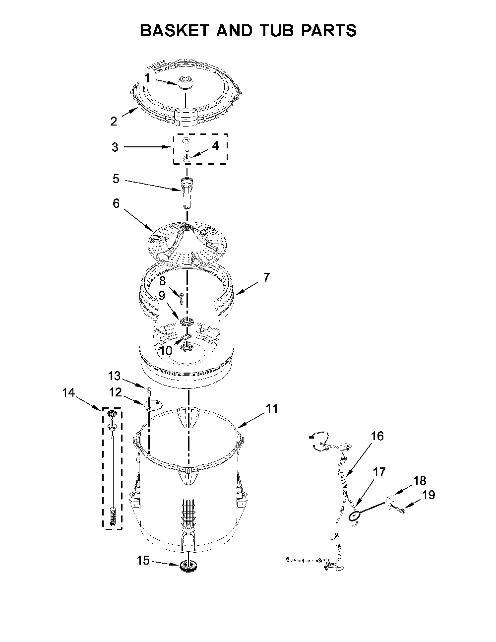 Basket and tub parts Diagram and Parts List for 11022242511  Kenmore Washer