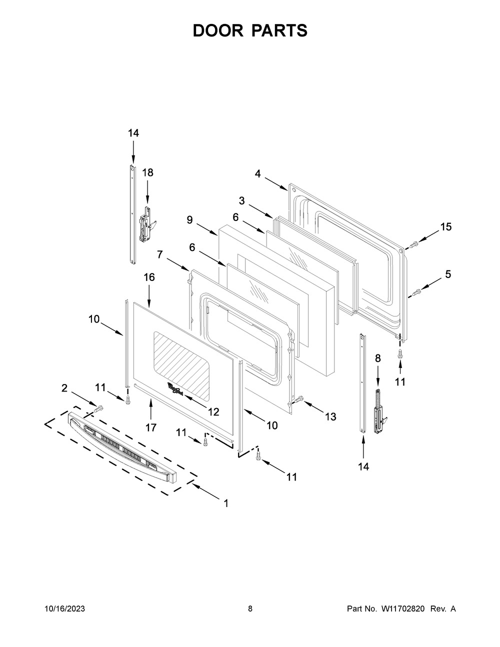Door Parts Diagram and Parts List for WFE525S0JV4  Whirlpool Range