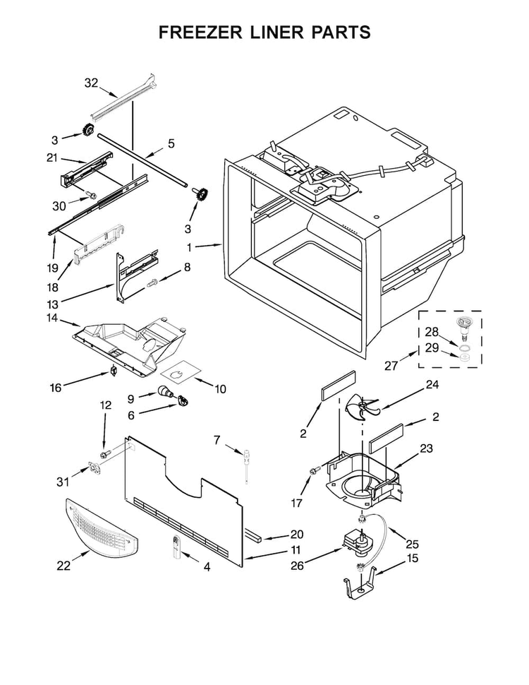 Freezer Liner Parts Diagram and Parts List for KRBR102ESS00  KitchenAid Refrigerator