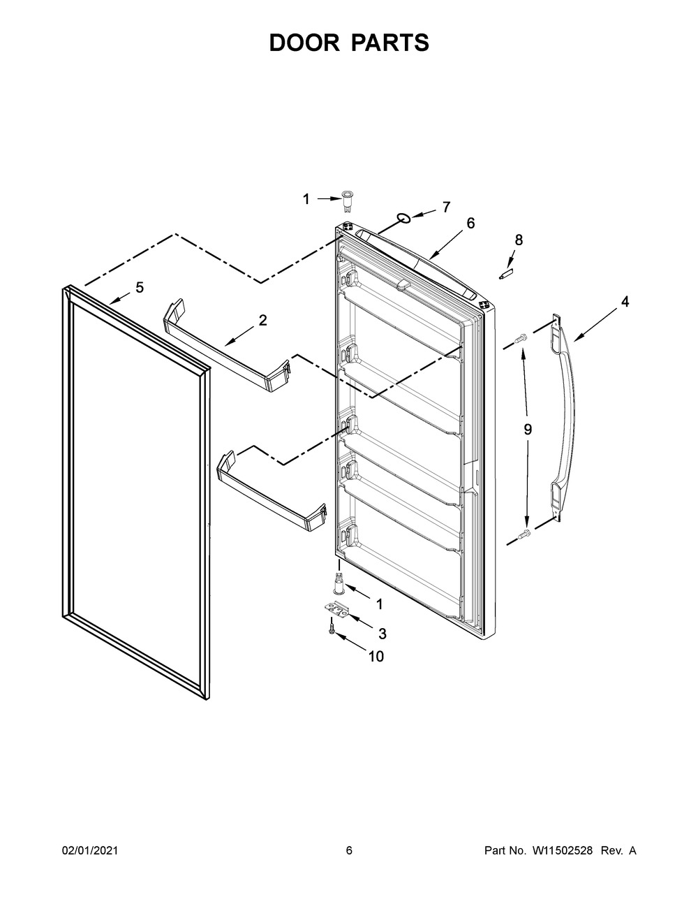 Door Parts Diagram and Parts List for WZF57R16FW06  Whirlpool Freezer