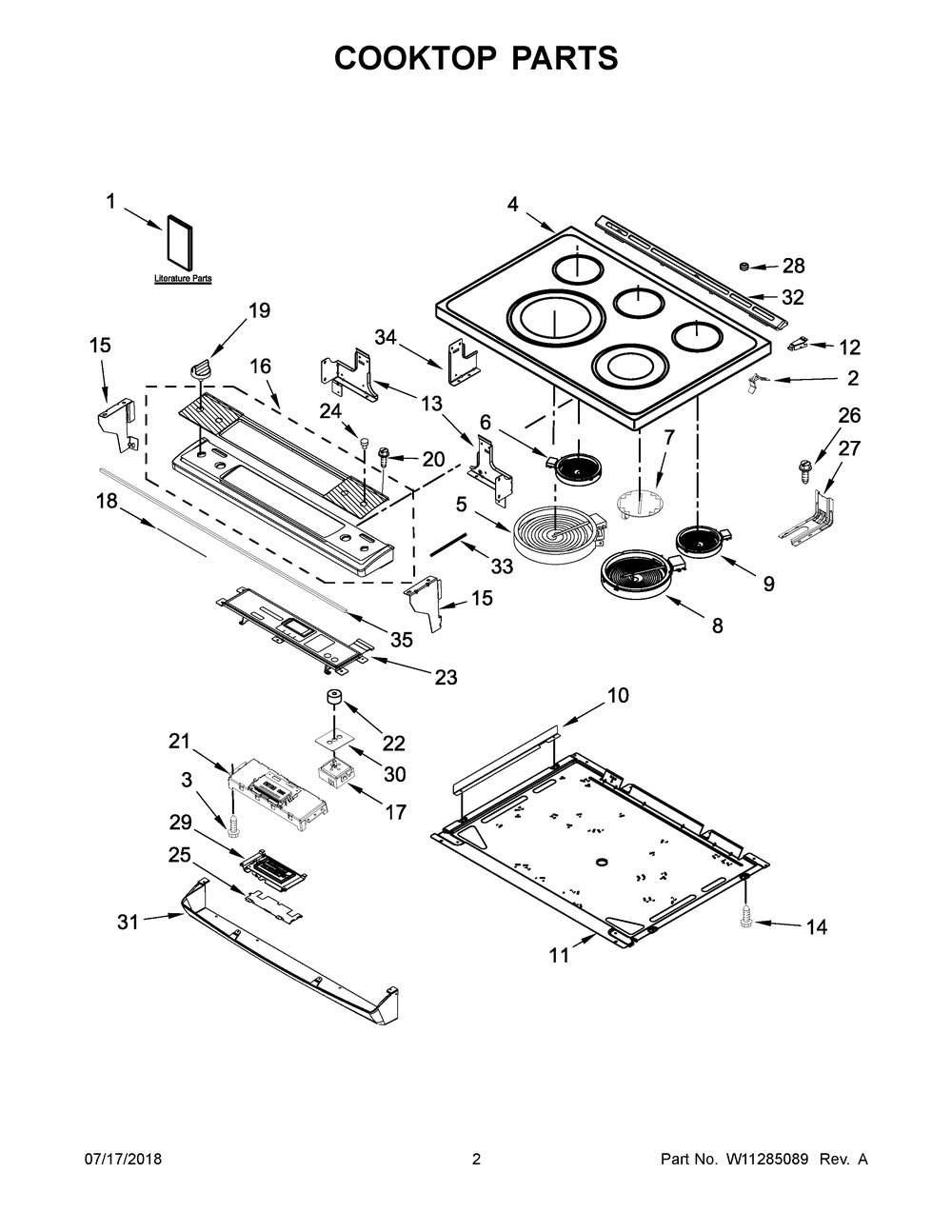 Cooktop Parts Diagram and Parts List for WEE745H0FE2  Whirlpool Range