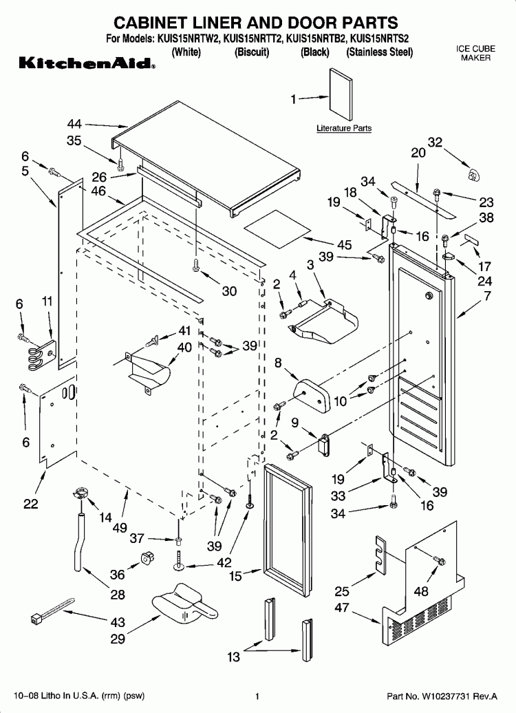 CABINET LINER AND DOOR PARTS Diagram and Parts List for KUIS15NRTT2  KitchenAid Ice Maker