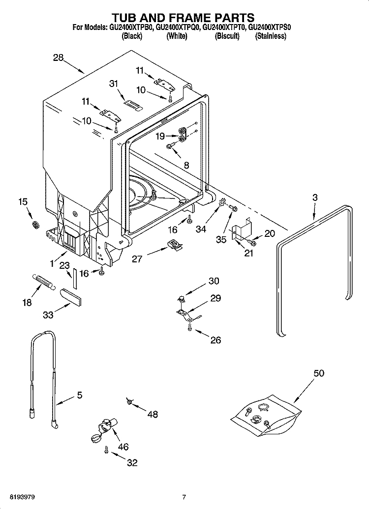 TUB AND FRAME PARTS Diagram and Parts List for GU2400XTPB0  Whirlpool Dishwasher