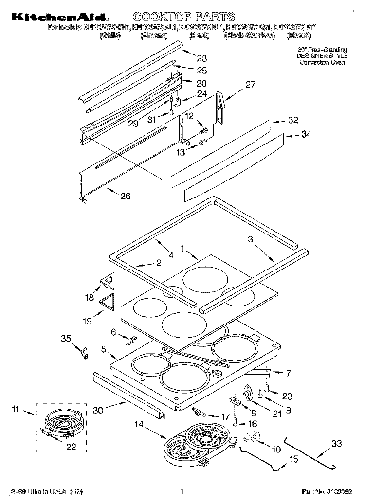 COOKTOP Diagram and Parts List for KERC607GAL1  KitchenAid Range