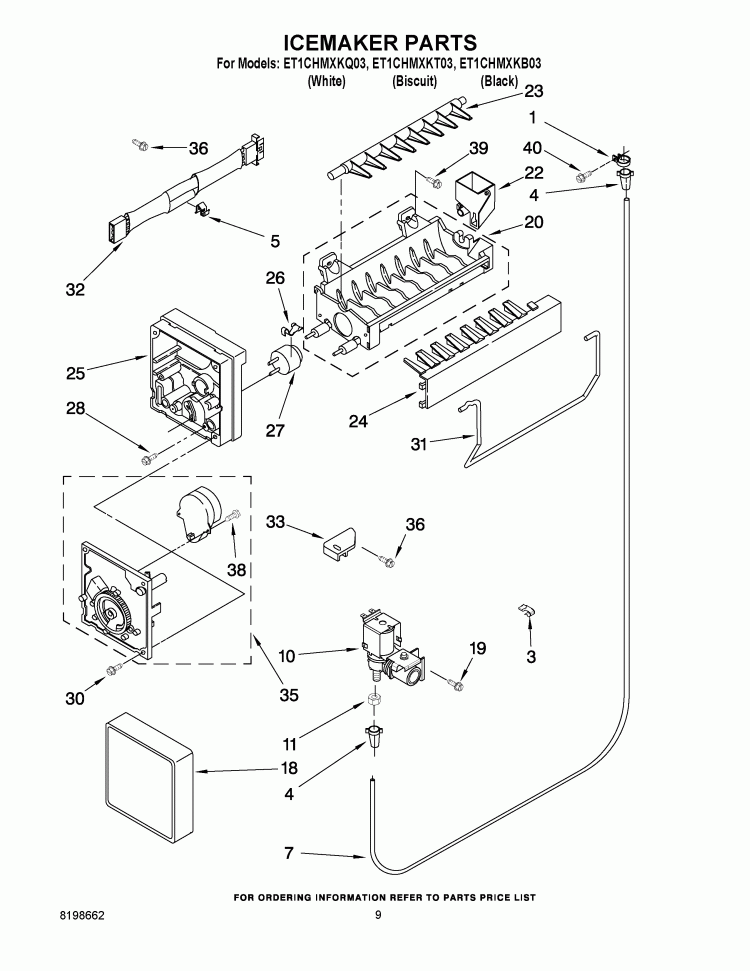 ICEMAKER PARTS Diagram and Parts List for ET1CHMXKQ03  Whirlpool Refrigerator