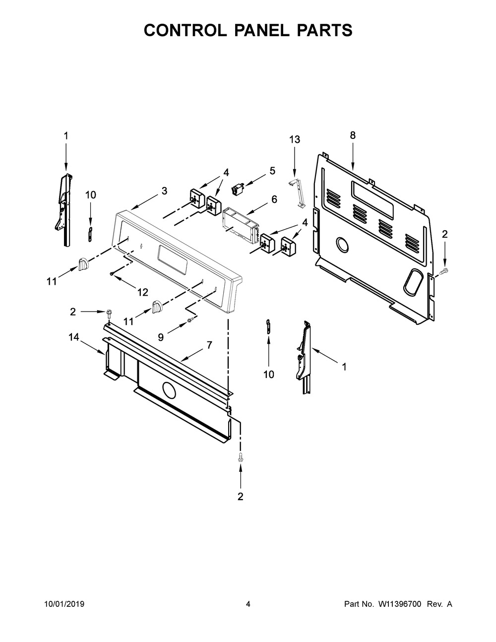 Control Panel Parts Diagram and Parts List for WFC310S0EW4  Whirlpool Range