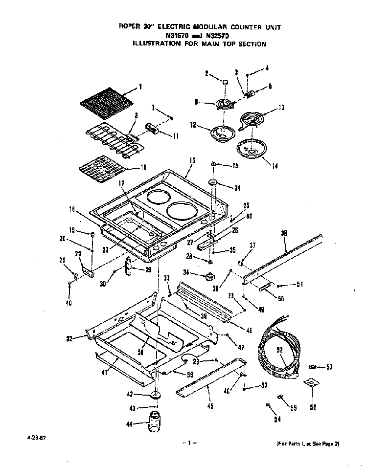 Main Top Diagram and Parts List for N3157*0  Roper Range