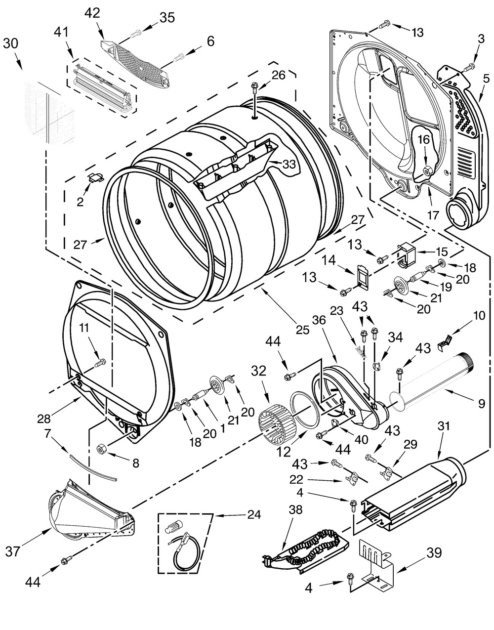 Upper And Lower Bulkhead Parts Diagram and Parts List for MLE26PRLYW0  Whirlpool Dryer