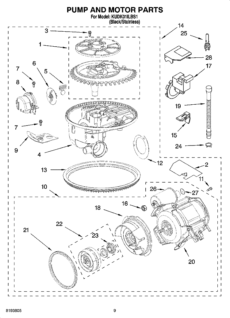 PUMP AND MOTOR PARTS Diagram and Parts List for KUDK01ILBS1  KitchenAid Dishwasher