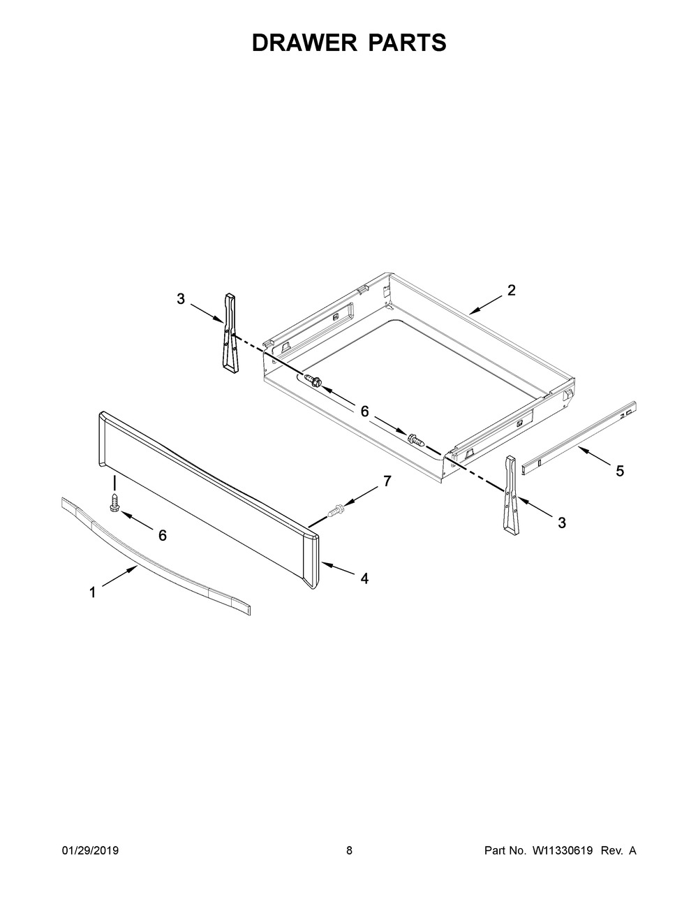 Drawer Parts Diagram and Parts List for YWEE745H0FS2  Whirlpool Range