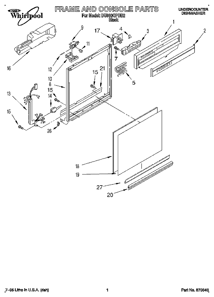 FRAME AND CONSOLE Diagram and Parts List for DU980QPDB2  Whirlpool Dishwasher