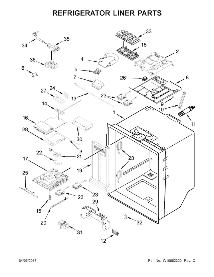 Refrigerator Liner Parts Diagram and Parts List for WRF736SDAB14  Whirlpool Refrigerator
