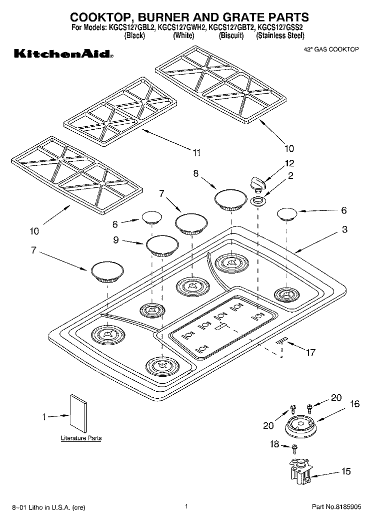 COOKTOP, BURNER AND GRATE PARTS Diagram and Parts List for KGCS127GBL2  KitchenAid Cooktop