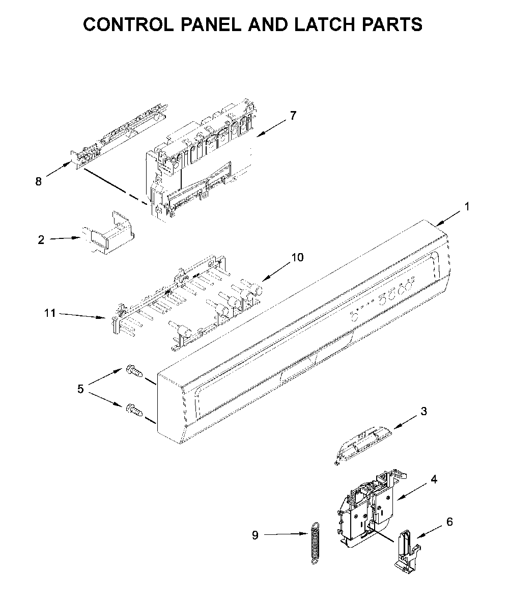 Control panel and latch parts Diagram and Parts List for WDF330PAHS5  Whirlpool Dishwasher