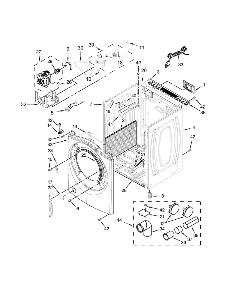 Cabinet Parts Diagram and Parts List for WGD75HEFW0  Whirlpool Dryer