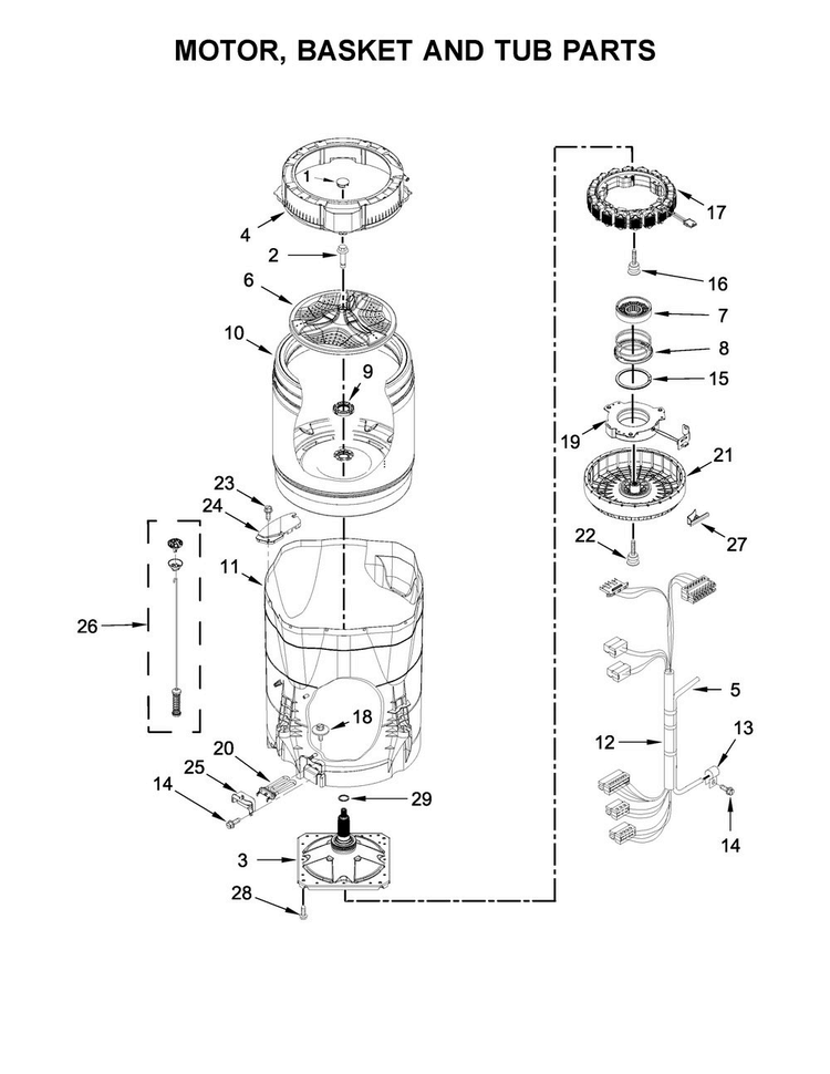 Motor, Basket And Tub Parts Diagram and Parts List for WTW8500DW2  Whirlpool Washer