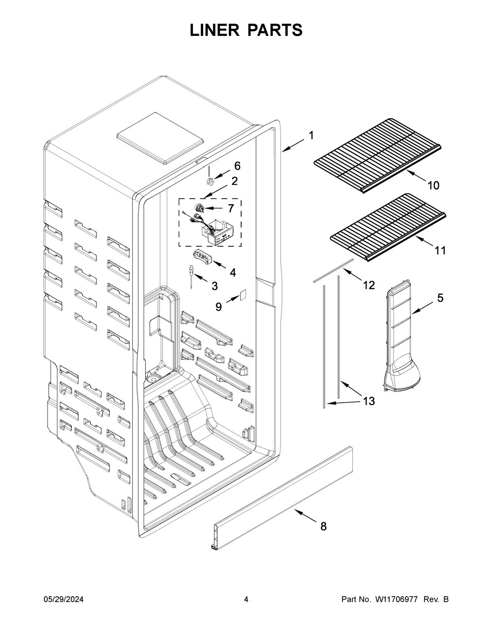 Liner Parts Diagram and Parts List for WZF56R16DW10  Whirlpool Freezer