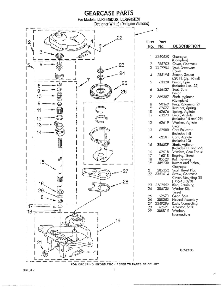 Gearcase Parts Diagram and Parts List for LLR9245DQO  Whirlpool Washer