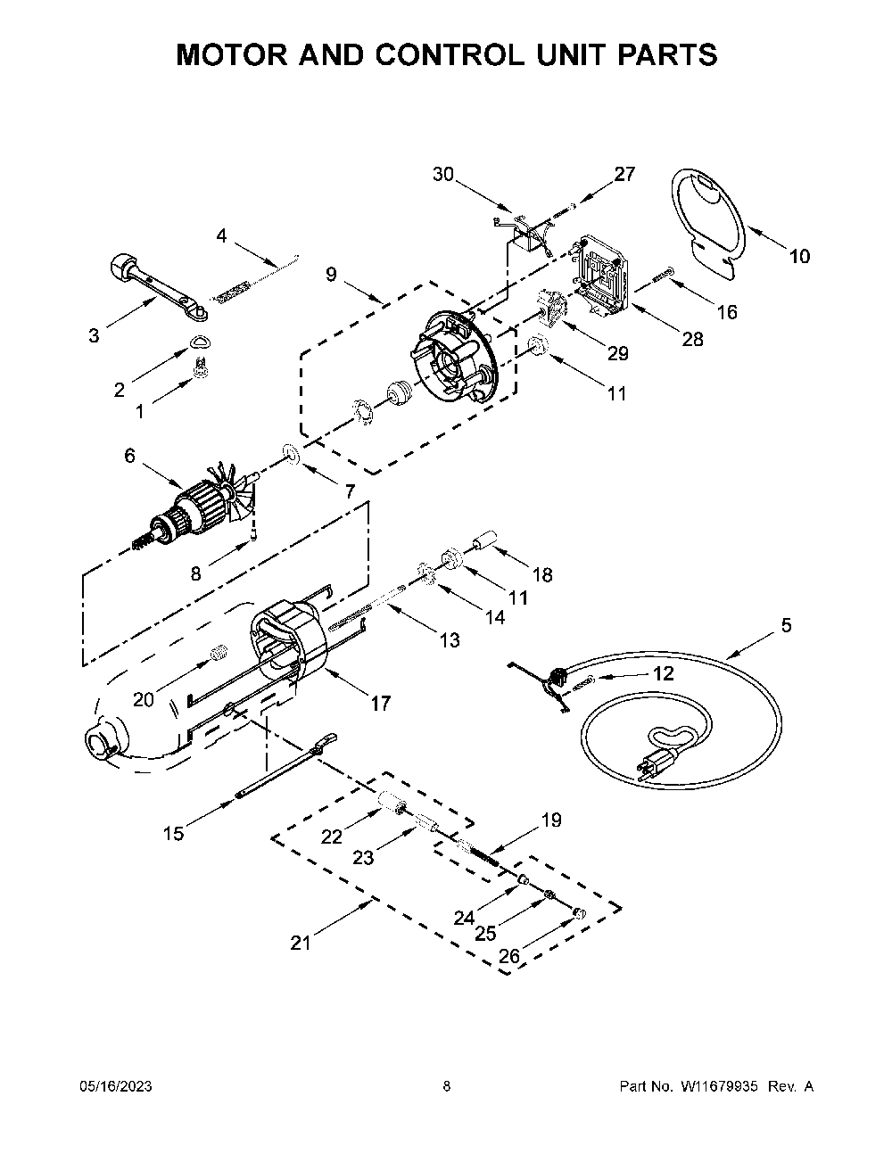 Motor And Control Unit Parts Diagram and Parts List for 5KSM195PSCHI0  KitchenAid Mixer