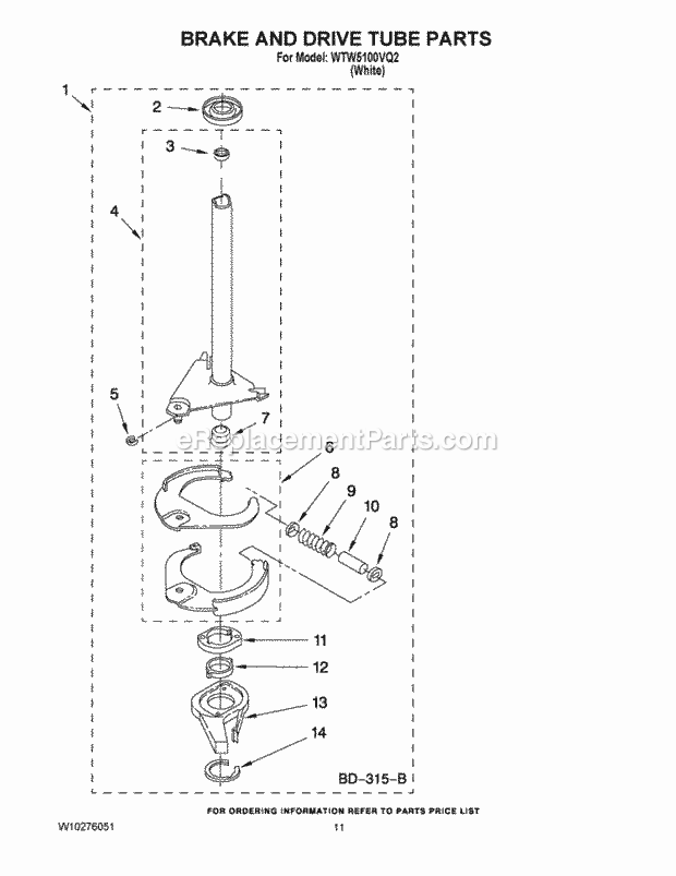 Brake And Drive Tube Parts Diagram and Parts List for WTW5100VQ2  Whirlpool Washer