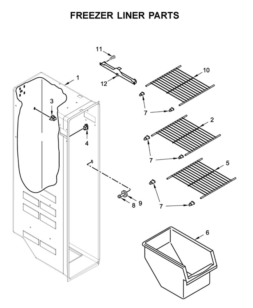 Freezer Liner Parts Diagram and Parts List for WRS315SDHM04  Whirlpool Refrigerator