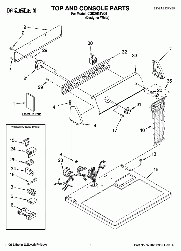 TOP AND CONSOLE PARTS Diagram and Parts List for CGDX631VQ1  Crosley Dryer