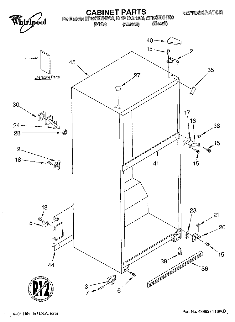 CABINET, LITERATURE Diagram and Parts List for ET18GMXHN00  Whirlpool Refrigerator
