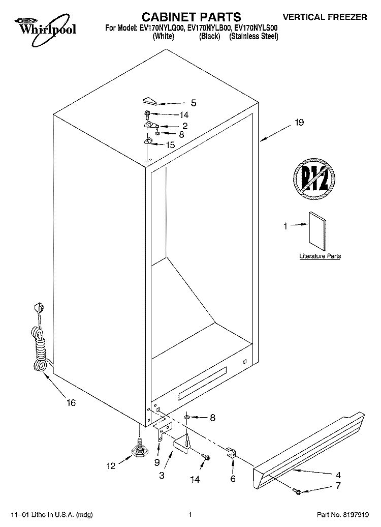 CABINET, LITERATURE Diagram and Parts List for EV170NYLB00  Whirlpool Freezer