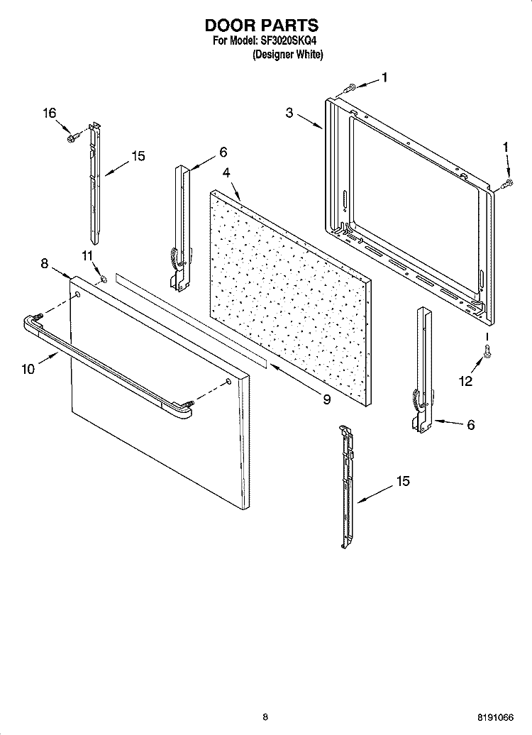 DOOR PARTS, OPTIONAL PARTS Diagram and Parts List for SF3020SKQ4  Whirlpool Range