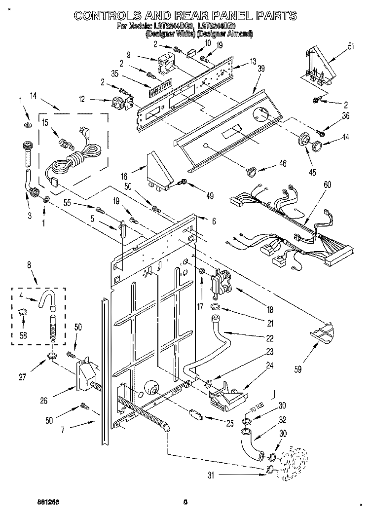 CONTROLS AND REAR PANEL Diagram and Parts List for LST8244DZ0  Whirlpool Washer