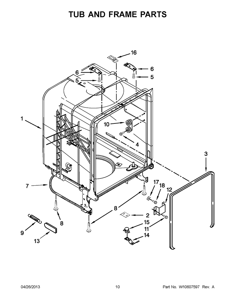 TUB AND FRAME PARTS Diagram and Parts List for WDF110PABB1  Whirlpool Dishwasher