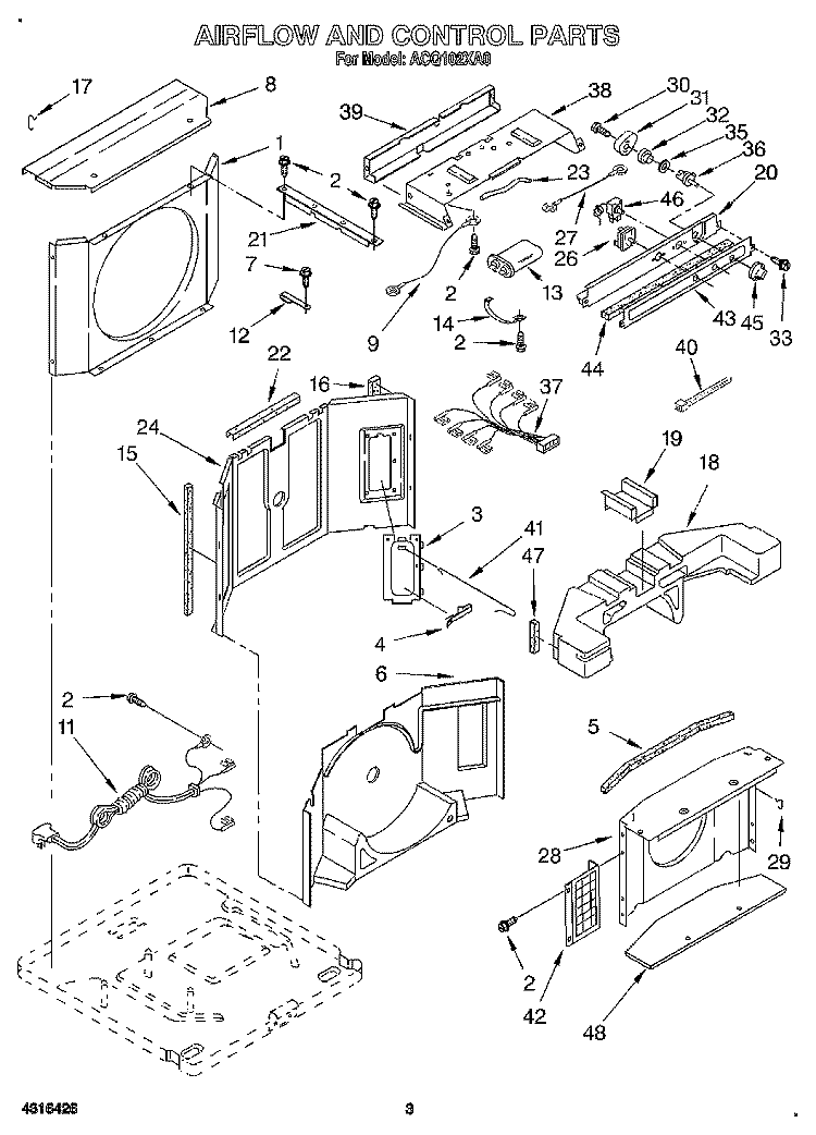 AIRFLOW AND CONTROL Diagram and Parts List for ACQ102XA0  Whirlpool Air Conditioner