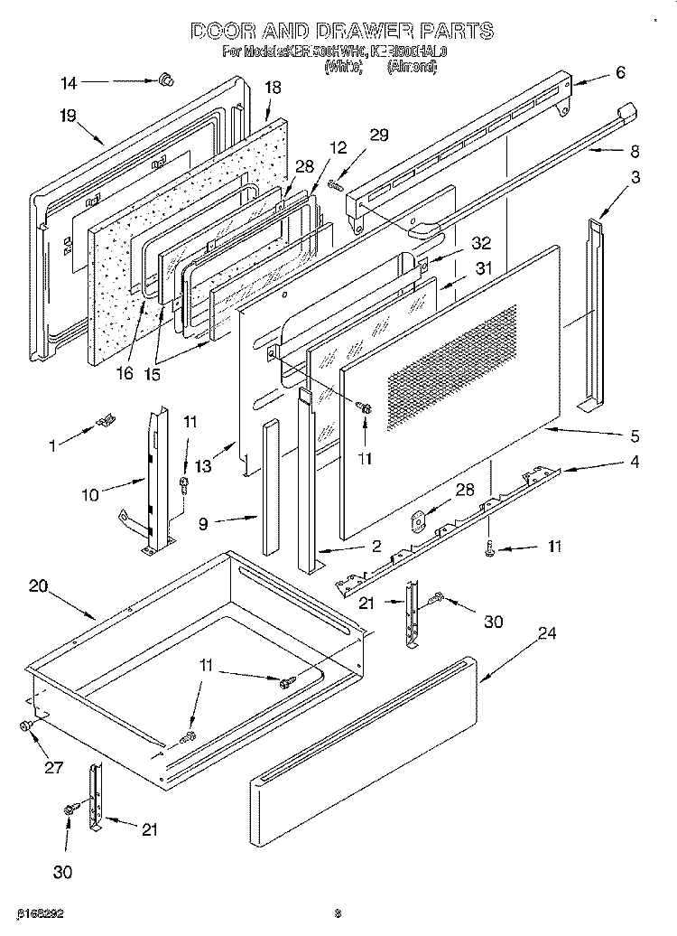 DOOR AND DRAWER Diagram and Parts List for KERI500HWH0  KitchenAid Range