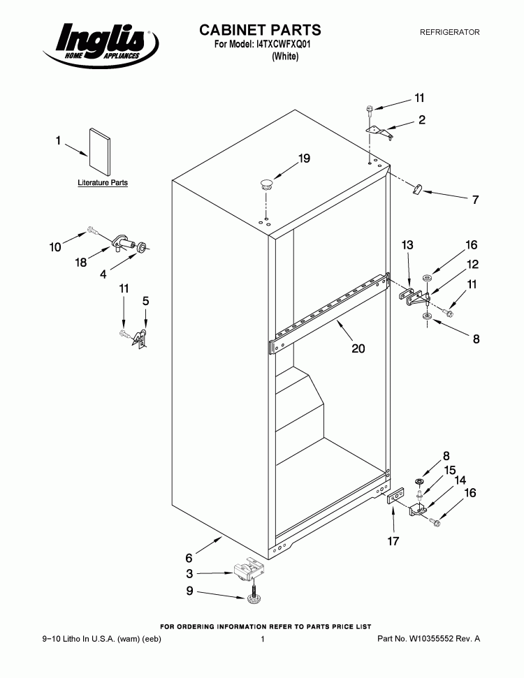 CABINET PARTS Diagram and Parts List for I4TXCWFXQ01  Inglis Refrigerator