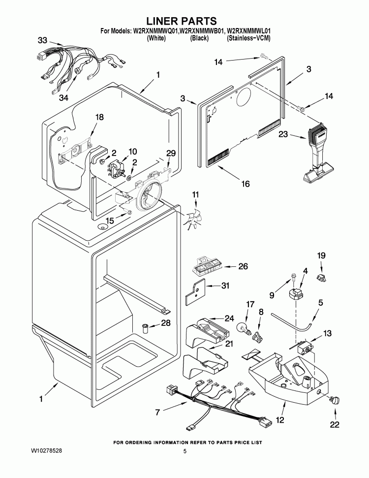 LINER PARTS Diagram and Parts List for W2RXNMMWL01  Whirlpool Refrigerator