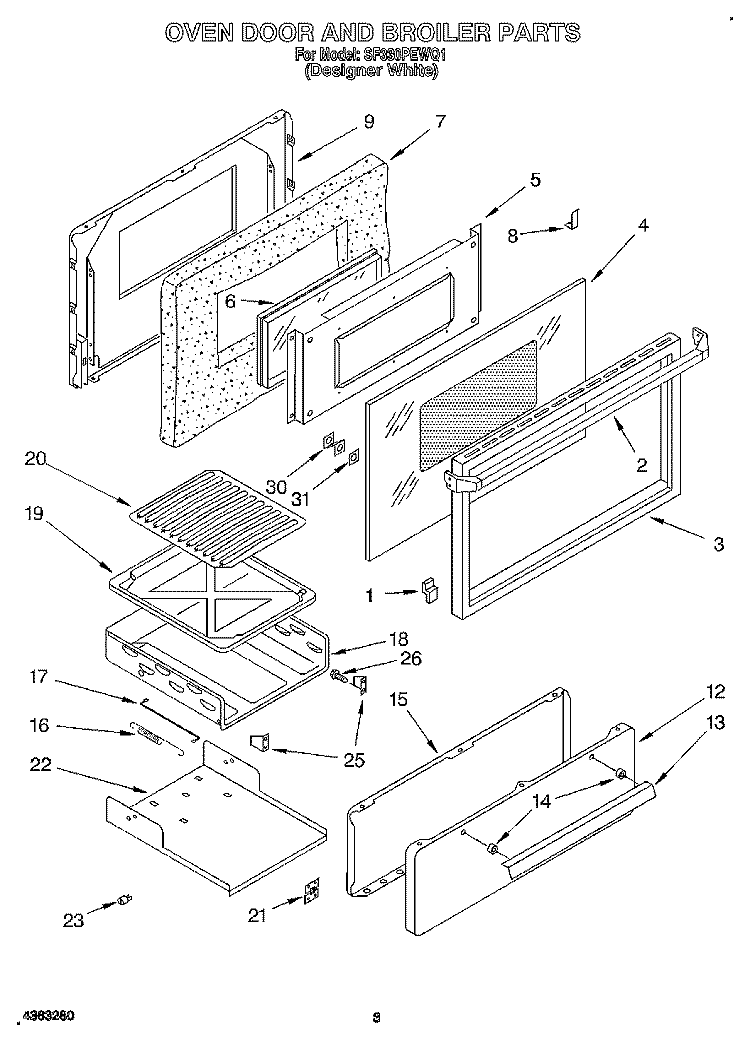 OVEN DOOR AND BROILER Diagram and Parts List for SF330PEWQ1  Whirlpool Range