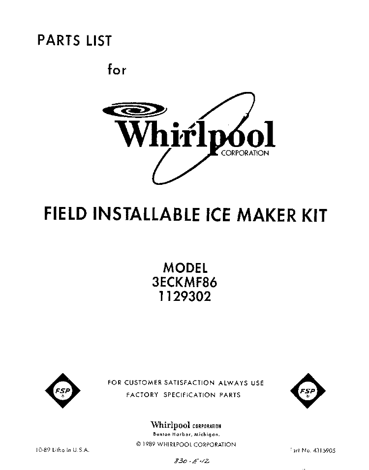 SECTION Diagram and Parts List for 3ECKMF86  Whirlpool Ice Maker