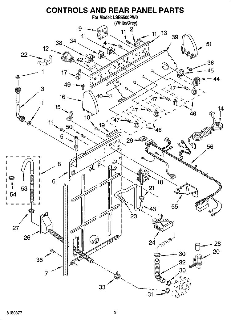 CONTROLS AND REAR PANEL PARTS Diagram and Parts List for LSB6500PW0  Whirlpool Washer