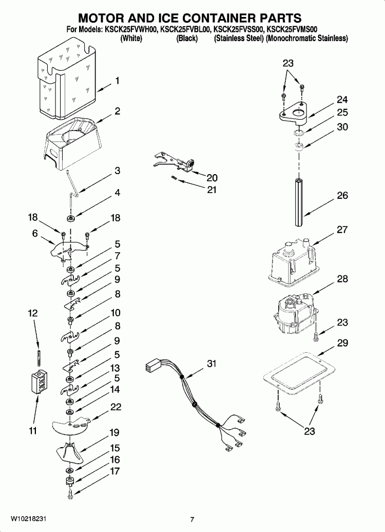 MOTOR AND ICE CONTAINER PARTS Diagram and Parts List for KSCK25FVMS00  KitchenAid Refrigerator