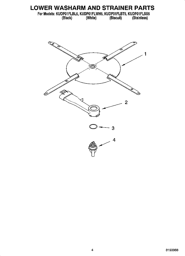 LOWER WASHARM AND STRAINER PARTS Diagram and Parts List for KUDP01FLBL5  KitchenAid Dishwasher