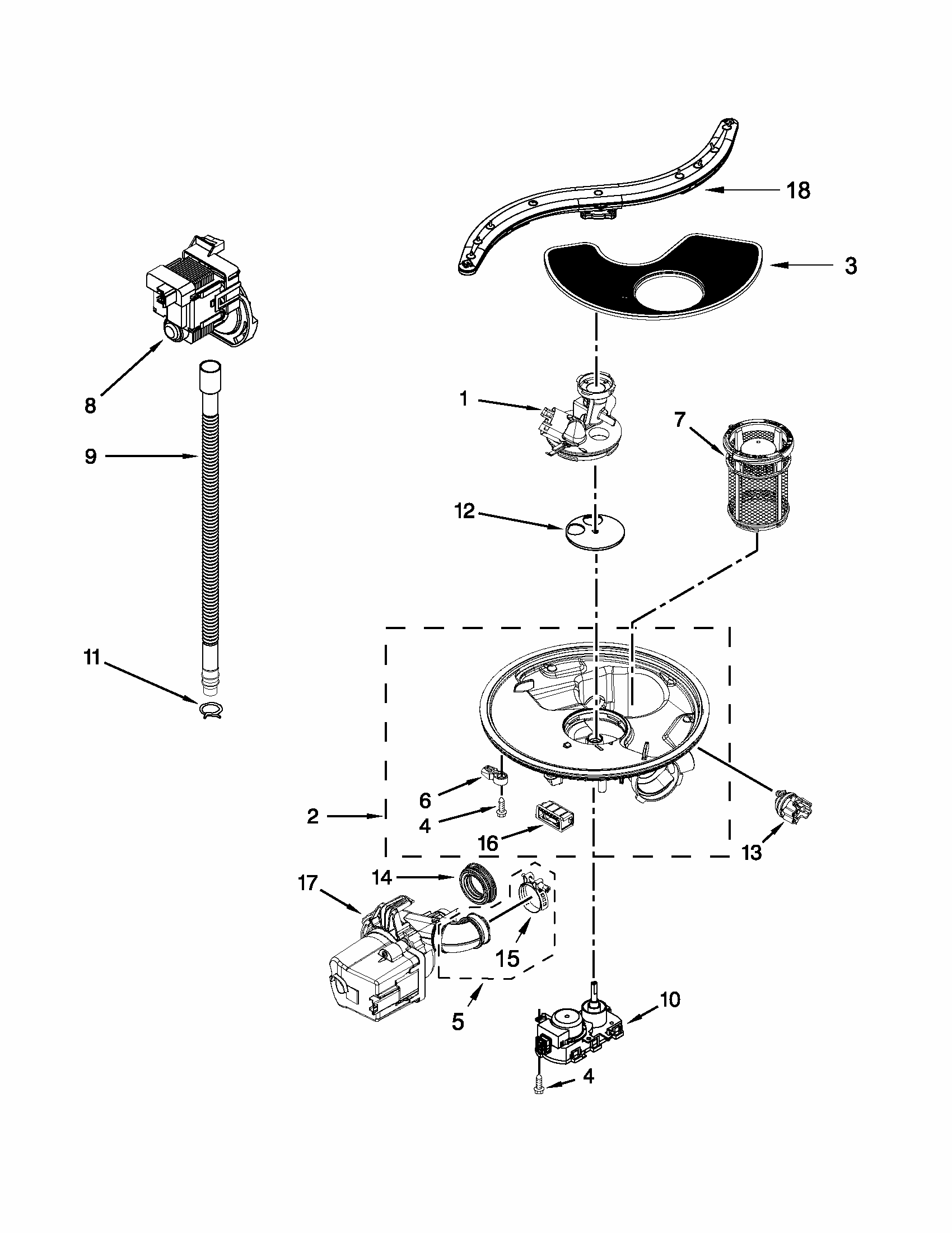 Pump, Washarm And Motor Parts Diagram and Parts List for 66513272K115  Kenmore Dishwasher