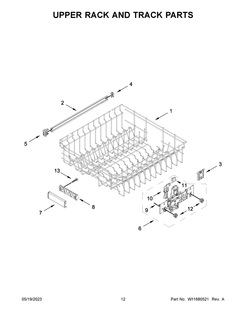 Upper Rack And Track Parts Diagram and Parts List for KDFE204KWH2  KitchenAid Dishwasher