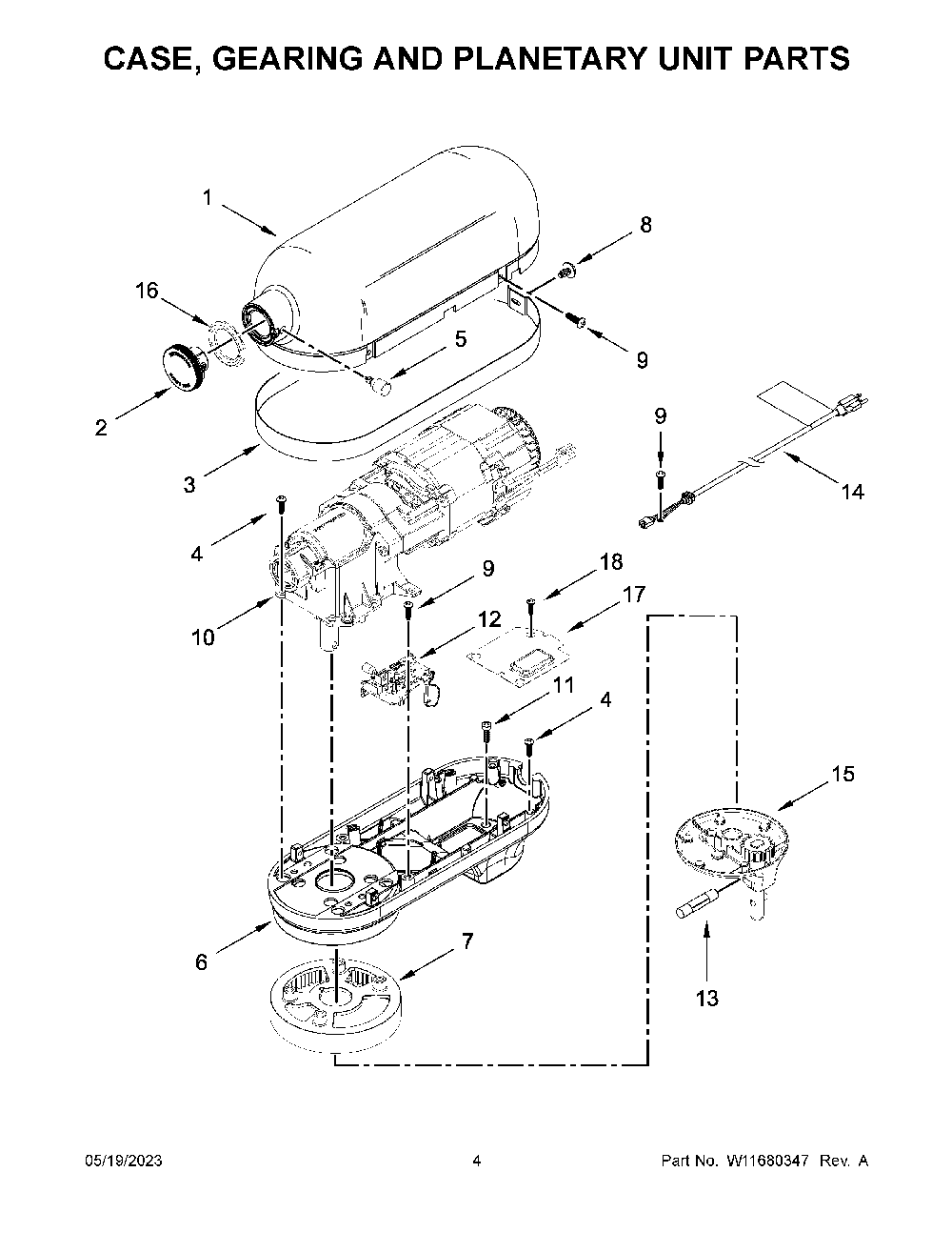 Case, Gearing And Planetary Unit Parts Diagram and Parts List for 5KSM55SXXTER0  KitchenAid Mixer